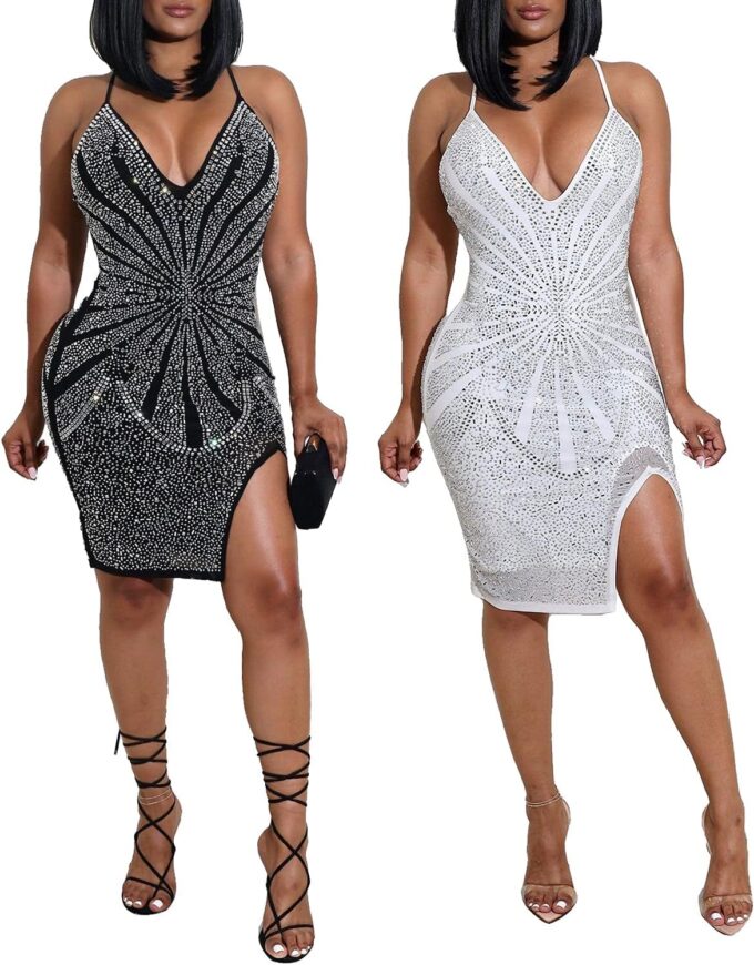 PORRCEY Sexy Elegant Rhinestone for Women Mesh See Through Bodycon Party Club Night Mini Dress – Bild 4