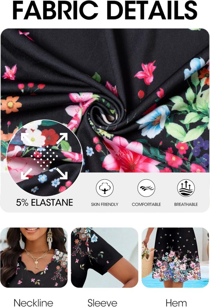AOMONI Women Casual Dresses Wedding Guest Church Midi Dresses A-Line Fit and Flare Short Sleeve Floral Swing Wrap Dress – Bild 6