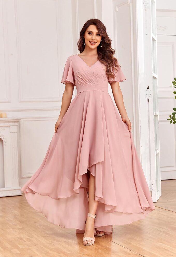 Women's High Low Bridesmaid Dresses for Women Chiffon Pleated V Neck Short Sleeves Formal Gown with Slit – Bild 4