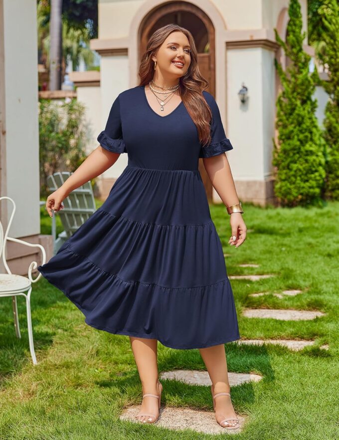 IN'VOLAND Womens Plus Size Short Sleeve Dress Summer Midi Casual Tiered V-Neck Aline Flowy Loose Dresses with Pockets – Bild 2