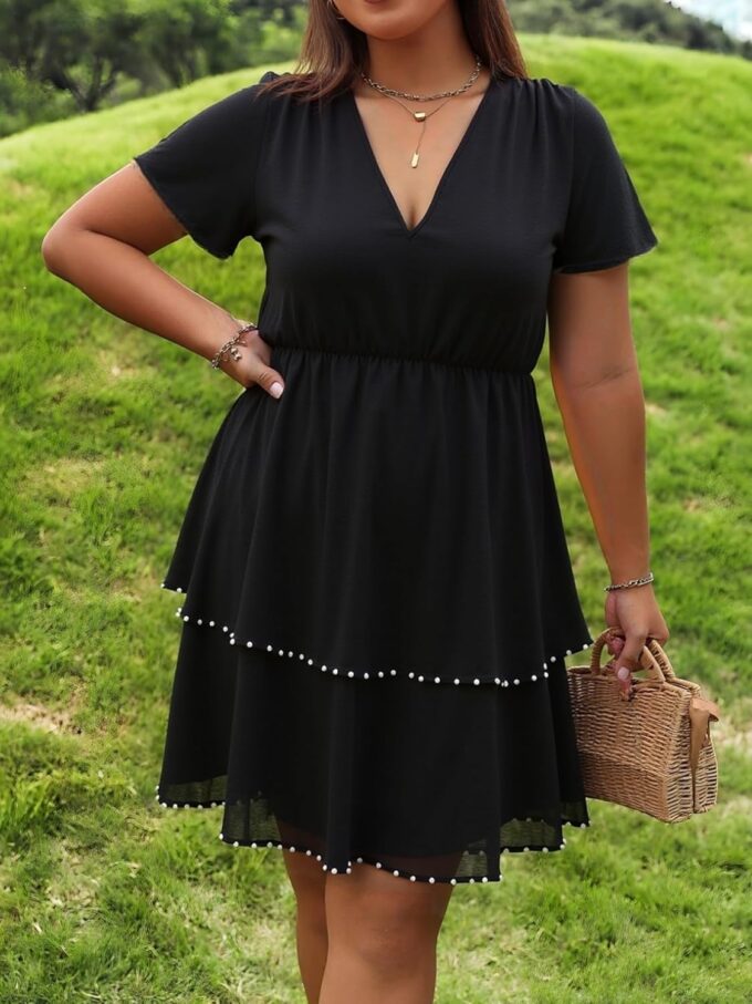 ZNU Plus Size Women’s Cocktail Dresses Studded Draped Double Hem Prom Dress Elegant V-Neck Short Sleeve A-Linen Dresses – Bild 6