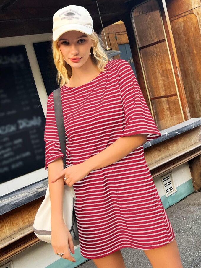 Yousify Women’s T Shirt Dress Cotton Summer Dresses 2025 Casual Loose Short Sleeve Striped Mini Dress with Pockets – Bild 4