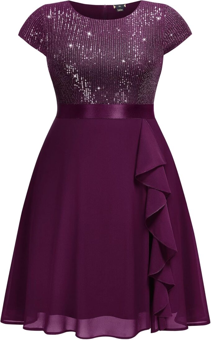 Knitee Women's Plus Size Elegant Sequin Glitter Chiffon Ruffle Style Cocktail Prom Flowy Dress – Bild 5