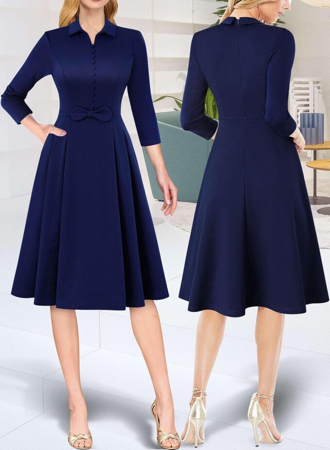 VFSHOW Damen 2024 Business Arbeit Büro Kragen V-Ausschnitt Schleife Gürtel Taschen Knöpfe Slim Vintage Fit und Flare A-Linie Kleid – Bild 2