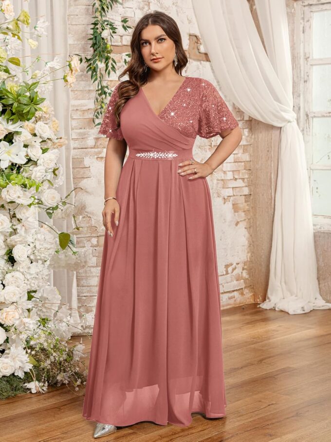 MISSMAY Women's Plus Size Wrap V Neck Sequins Lace Contrast Chiffon Formal Maxi Dress with Rhinestone Ribbon Waist – Bild 3