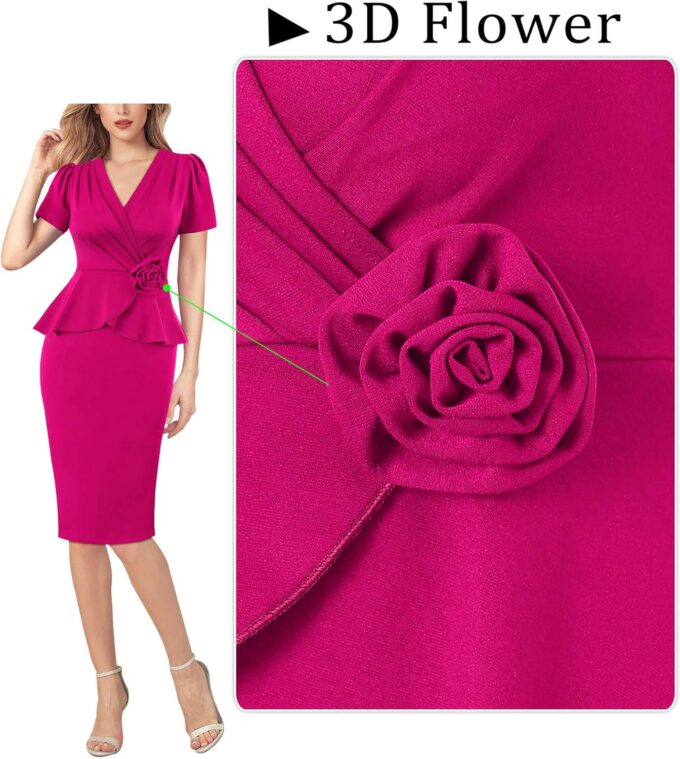 VFSHOW Damen-Bleistiftkleid 2024, Business, Arbeit, Büro, 3D-Blume, plissiert, Puffärmel, V-Ausschnitt, schmal, figurbetontes Bleistiftkleid – Bild 6