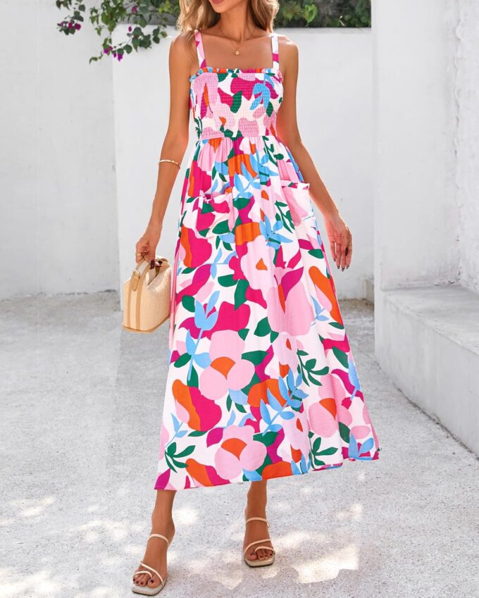 PRETTYGARDEN Womens Summer Dresses 2025 Casual Spaghetti Strap Ruffle Smocked Flowy Floral Print Maxi Dress with Pockets – Bild 7