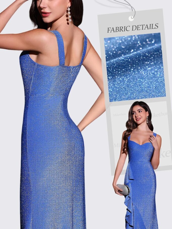 Women's Cocktail Formal Wedding Guest Dresses Party Prom Square Neck Bodycon Slit Sleeveless Ruffle Glitter Dress – Bild 4