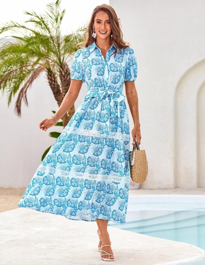 GRACE KARIN Women's 2025 Summer Floral Flowy Dresses Boho Tie Belt Short Puff Sleeve A Line Maxi Shirt Dress with Pocket – Bild 2