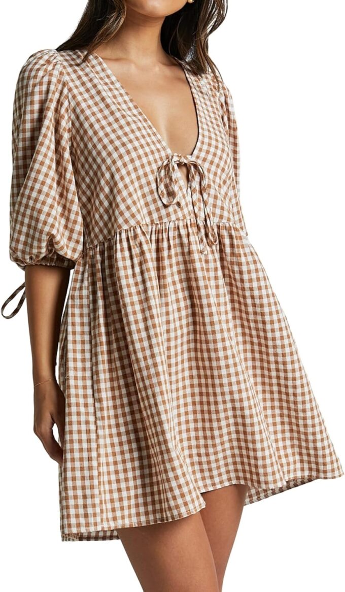 Women's Gingham Puff Sleeve Tie Front Babydoll Mini Dress