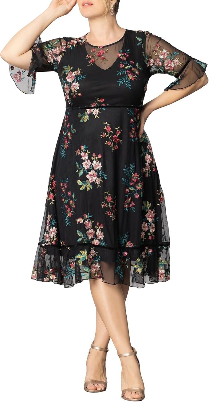 Kiyonna Plus Size Wildflower Midi Embroidered Cocktail Dress | Formal Dress for Party, Wedding Guest, or Special Occasion