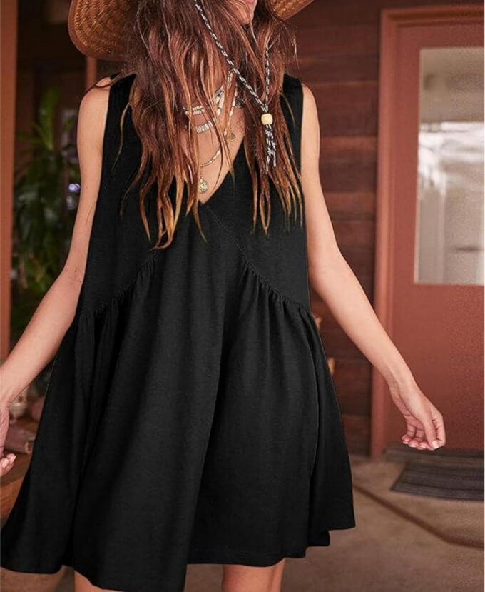 OPCAKM Women's V Neck Sleeveless Mini Dress Loose Summer Pleated Swing Flowy Sundress – Bild 2
