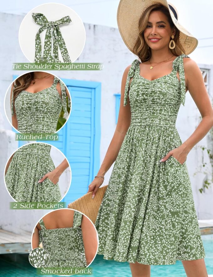 Kranda Women 2025 Summer Casual Spaghetti Strap Sundress V Neck Sleeveless Flowy Boho Floral Midi Dress with Pockets – Bild 4
