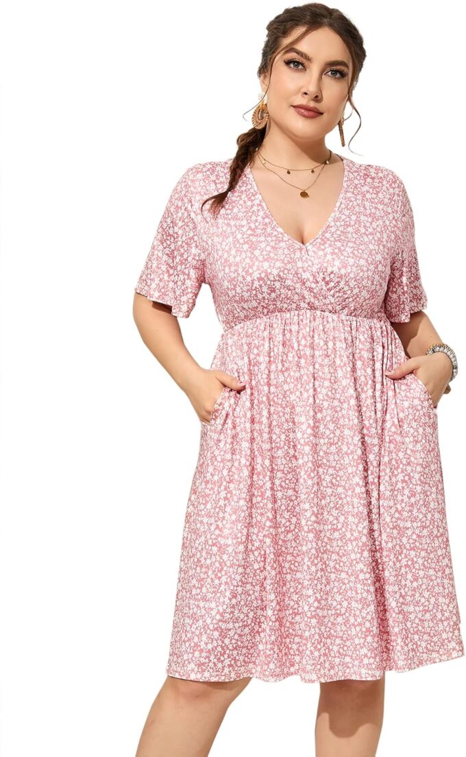 ShopWonder Plus Size Dress Women's V Neck A-Line Knee Length Wrap Swing Dresses Plus Size A Line Party Mini Dress