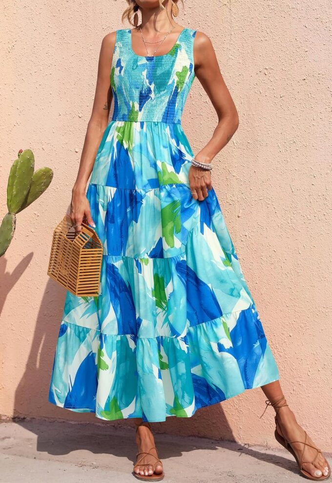 PRETTYGARDEN Smocked Tank Floral Maxi Dresses for Women 2025 Wedding Guest Dress Sleeveless Flowy Long Sundress with Pockets – Bild 4