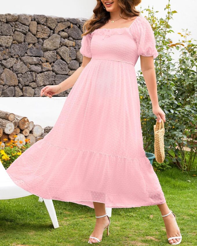 Plus Size Summer Dresses - Swiss Dot Smocked Square Neck Puff Sleeves Boho Flowy A Line Long Maxi Wedding Guest Dress – Bild 7