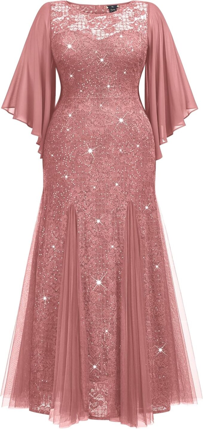 MISSMAY Women's Plus Size Sequins Lace with Ruffle Cape Cloak Sleeves Tulle Mermaid Hemline Evening Prom Long Dress – Bild 5