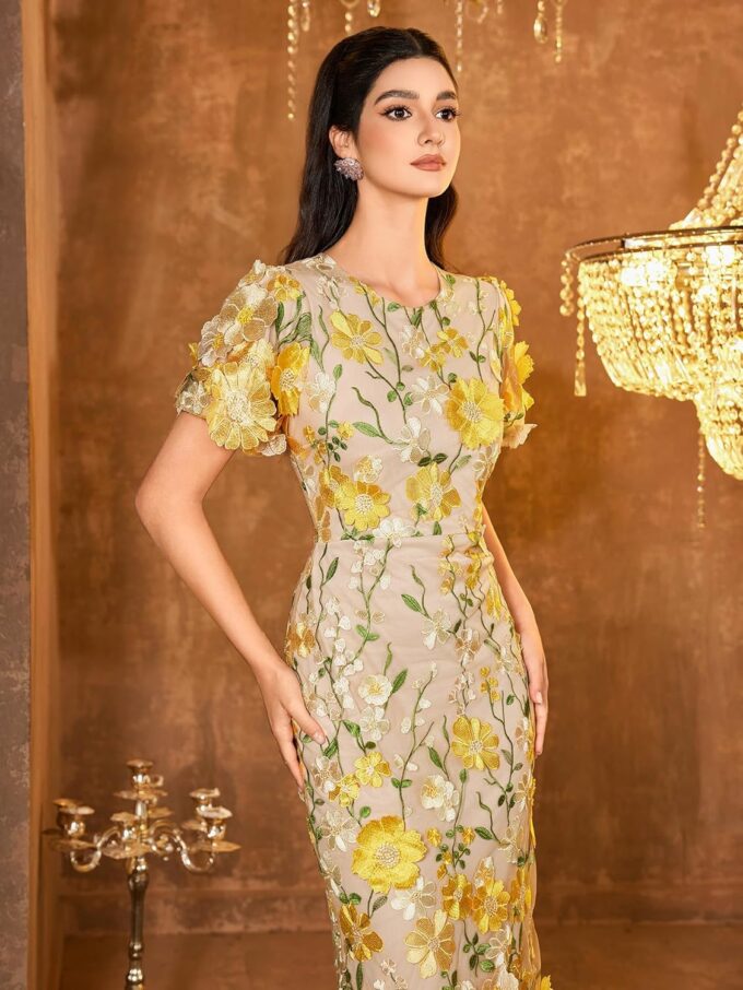 Women's 3D Floral Embroidery Dress Ruffle Sleeve Fishtail Lace Bodycon Party Cocktail Mini Dress – Bild 5