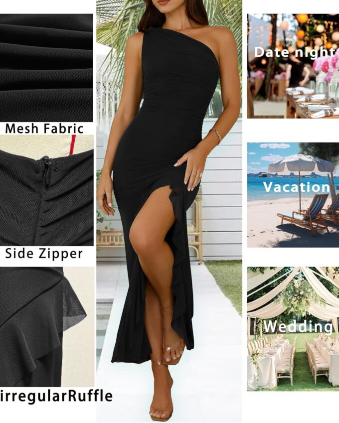 Women's Summer Dresses Bodycon Sexy One Shoulder Side Slit Ruffles Elegant Prom Cocktail Wedding Guest Mesh Maxi Dress – Bild 2
