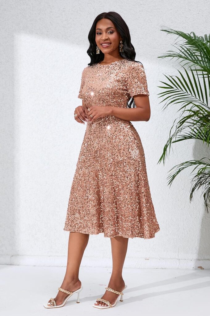 Sequins Glitter Short Sleeve Women's Maxi A-line Dress - Sparkly Party Elegant – Bild 4