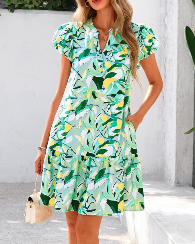 dowerme Womens Summer Dresses 2025 Puffy Sleeve V Neck Loose Floral Print A Line Boho Mini Babydoll Dress with Pockets – Bild 2