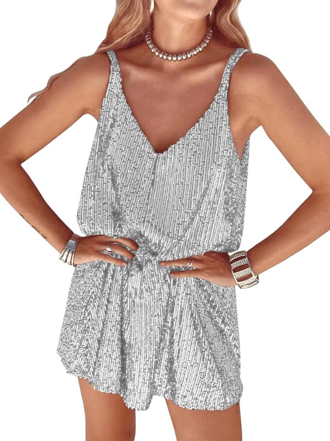 Women Sequin Sexy V Neck Shift Dress Sparkly Glitter Sleeveless Short Flowy Loose Party Night Out Club Dress
