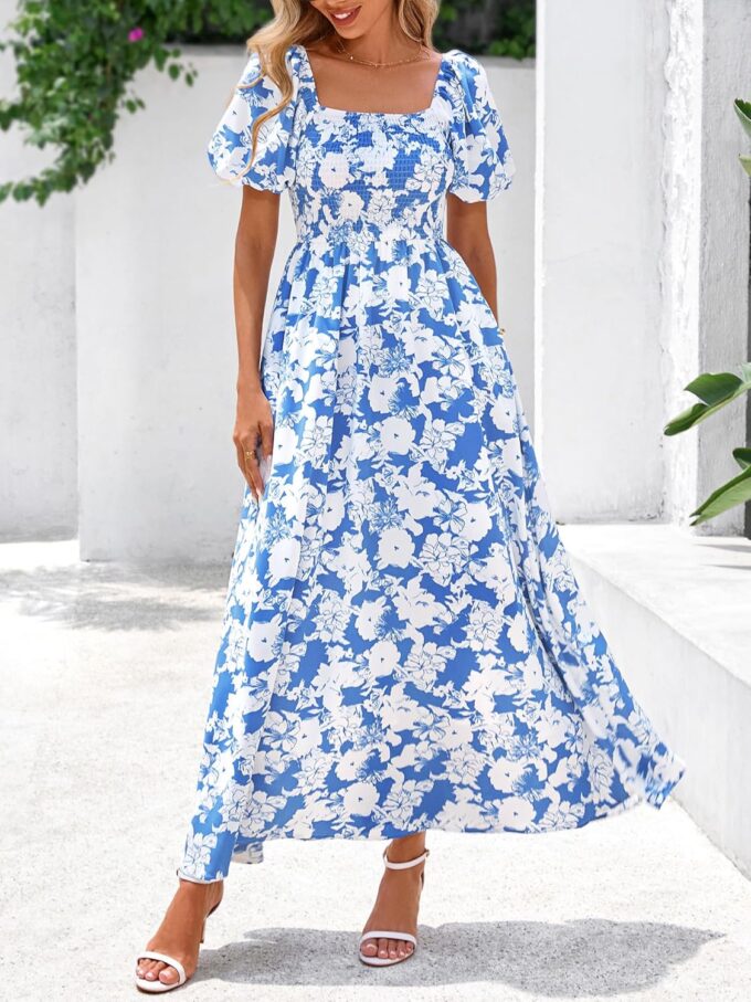 BTFBM Womens Summer 2025 Casual Maxi Dresses Short Sleeve Smocked Tiered Floral Boho Long Beach Dress with Pockets – Bild 2