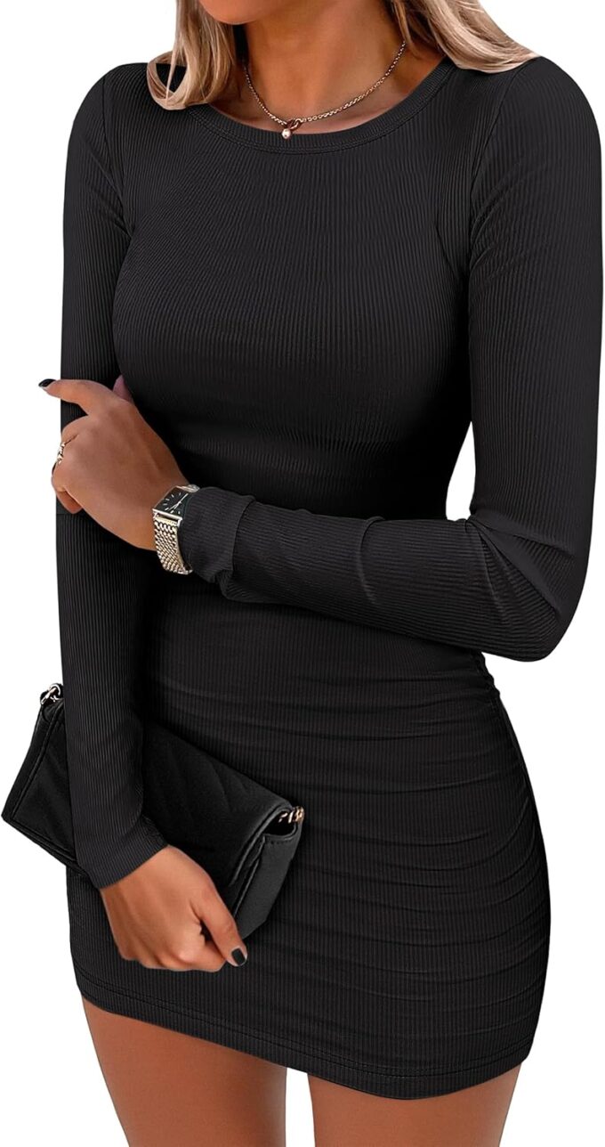 ANRABESS Women Long Sleeve Bodycon Mini Dress Sexy Crewneck 2025 Fall Ribbed Knit Slim Fit Party Cocktail Night Short Dresses