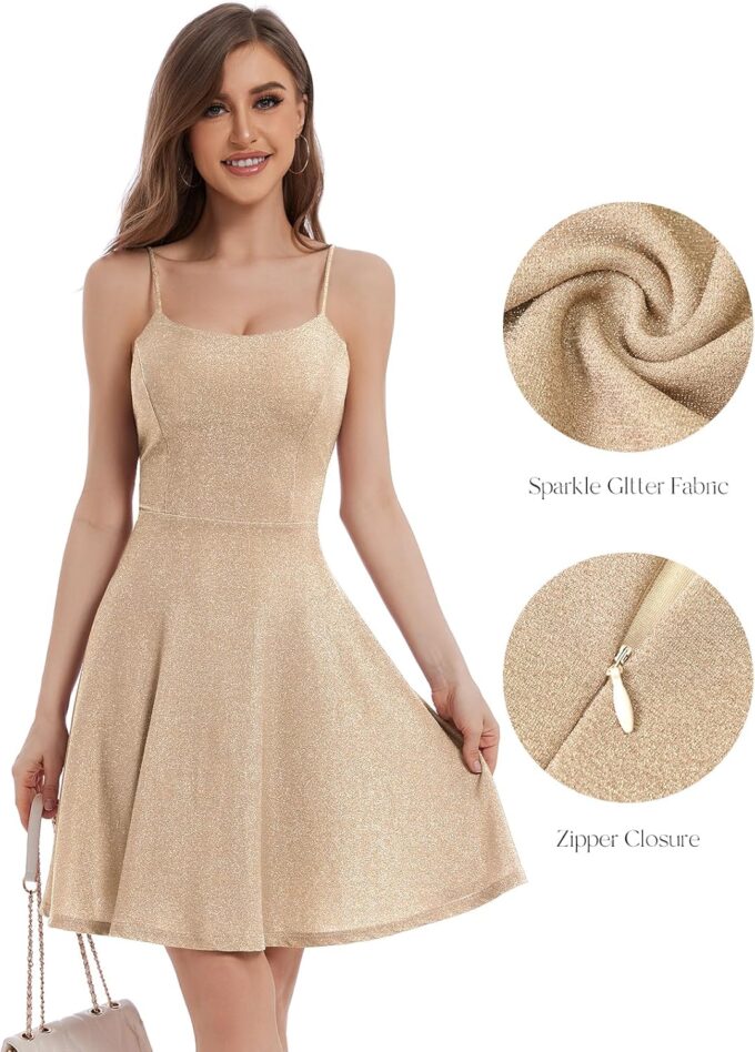Bbonlinedress Spaghetti Straps Sparkly Homecoming Dress Fit and Flare Glitter Mini Swing Semi Formal Prom Party Club Dress – Bild 5