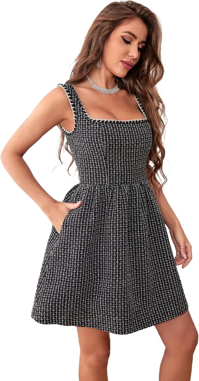 Women's Short Dress U-Neck Inslace Hem Wide Straps Tank Mini Skater Cocktail Dresses