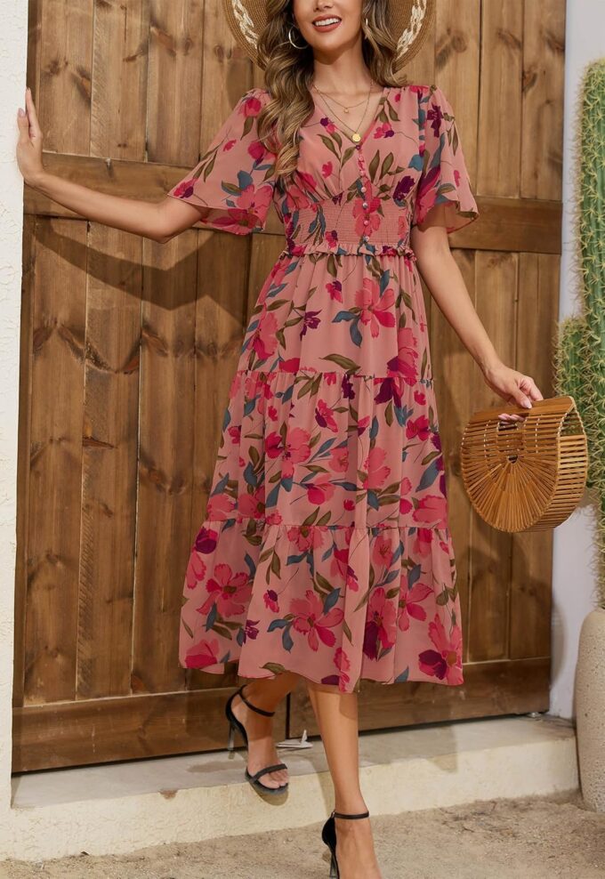 Kormei Women's V Neck Short Sleeve Boho Smocked Long Flowy Summer Dress Wedding Guest Engagement Dresses – Bild 4