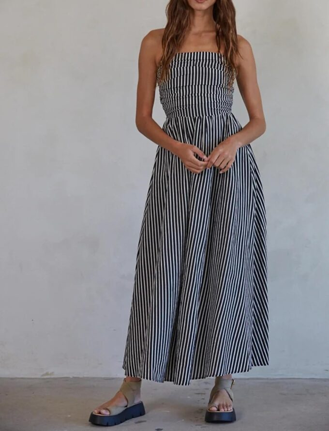 Women Striped Strapless Sleeveless Flowy Summer Casual Tube Maxi Long Dress with Pockets – Bild 5