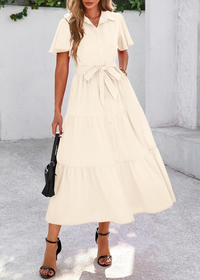 KIRUNDO Summer Button Down Wedding Guest Shirt Dresses for Women Maxi Flutter Short Sleeve Flowy Tiered Beach Sun Dress – Bild 6