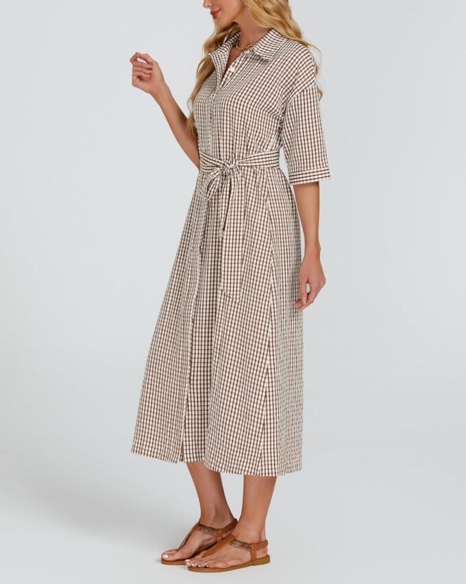 Women's Half Sleeve Plaid Midi Dress Collar V Neck Belted Casual Button Down Long Loose Dress – Bild 3
