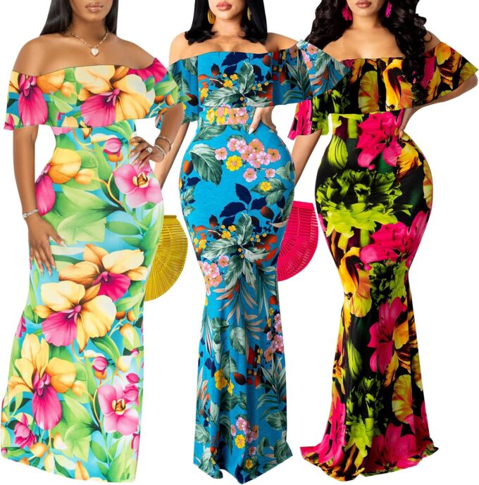 Women's Off Shoulder Maxi Dress Sexy Hawaiian Floral Long Party Dresses – Bild 6