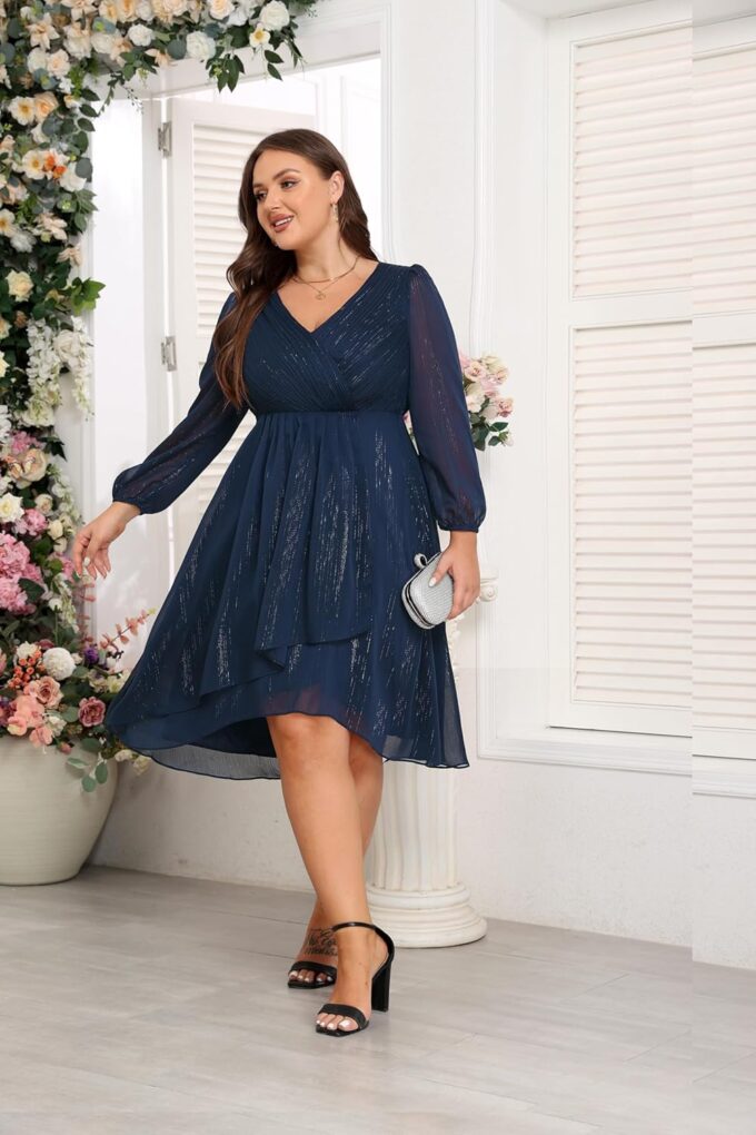 Plus Size Cocktail Dress - Formal Wedding Guest Fall Long Sleeve A Line Pleated V Neck Midi Dresses for Curvy Women – Bild 2