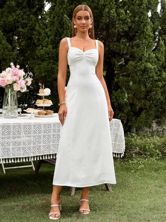 EYNMIN Lace Strap Midi Dress Sweetheart Neckline Bow Tie Backless A Line Wedding Guest Dresses for Women Casual Sundress – Bild 2