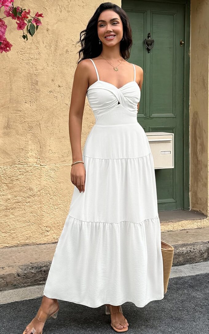ECOWISH Women's Summer Strapless Maxi Dress 2025 Off Shoulder Hollow Out Smocked A Line Tube Tiered Long Dresses – Bild 4