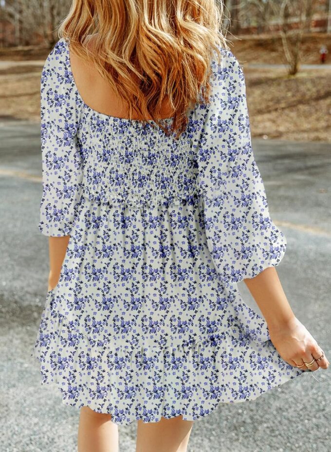 Dokotoo Summer Dresses for Women 2025 Boho Floral Square Neck Smocked 3/4 Sleeve Casual A-Line Swing Mini Dress Sundress – Bild 2