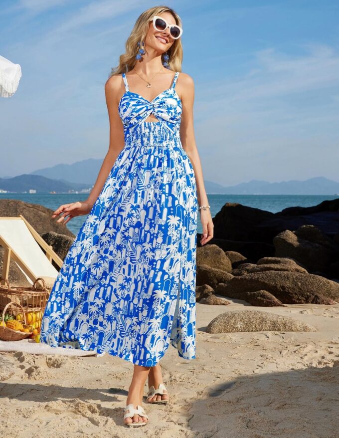 GRACE KARIN 2025 Women's Summer Spaghetti Strap Maxi Dress Smocked Floral Dress Sleeveless Boho Beach Sundress with Pockets – Bild 2