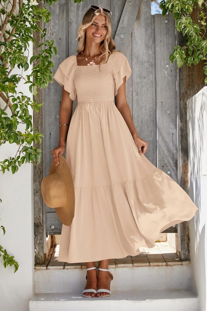 MASCOMODA Womens Summer Casual Midi Dress Square Neck Ruffle Short Sleeve Smocked High Waist A Line Wedding Guest Dresses – Bild 2