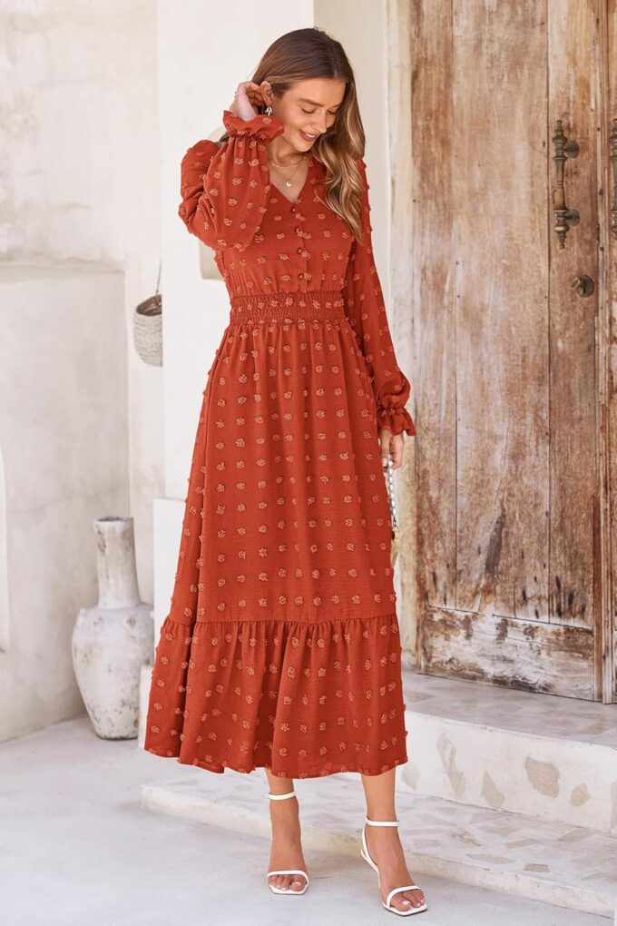 MASCOMODA Women Maxi Dress 2025 Fall Long Sleeve V Neck Swiss Dot Boho Smocked High Waisted A-Line Tiered Flowy Long Dresses – Bild 4