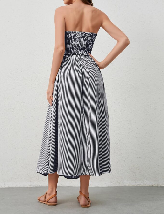 Women Striped Strapless Sleeveless Flowy Summer Casual Tube Maxi Long Dress with Pockets – Bild 7