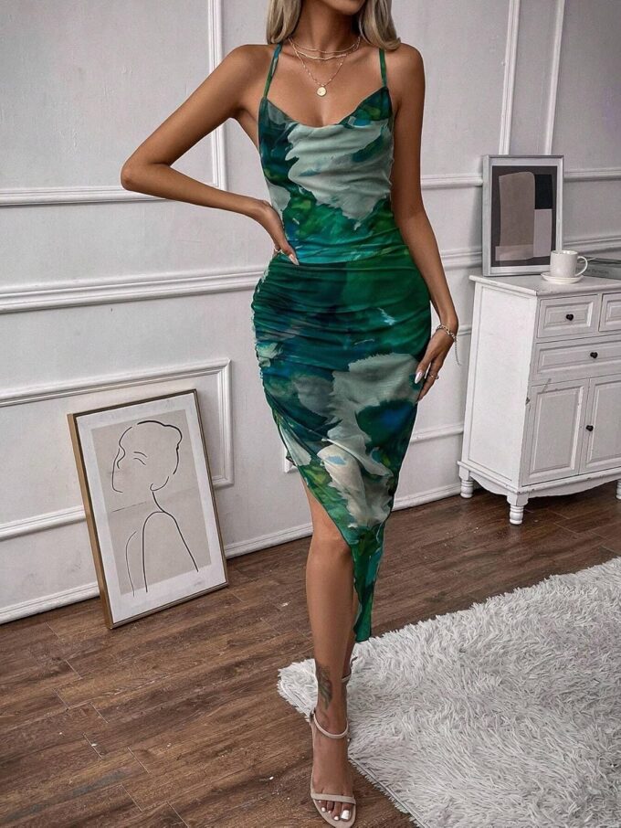 Women's Summer Dress Printed Bodycon Ruched Midi Tie Dye Sexy Cami Side Slit Mesh Layered – Bild 3