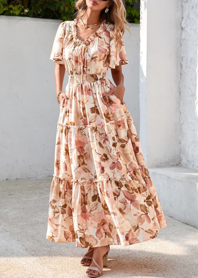 KIRUNDO Womens Summer Boho Floral Maxi Dress Flutter Short Sleeve V Neck Ruffle Tiered Flowy Beach Wedding Guest Dresses – Bild 8