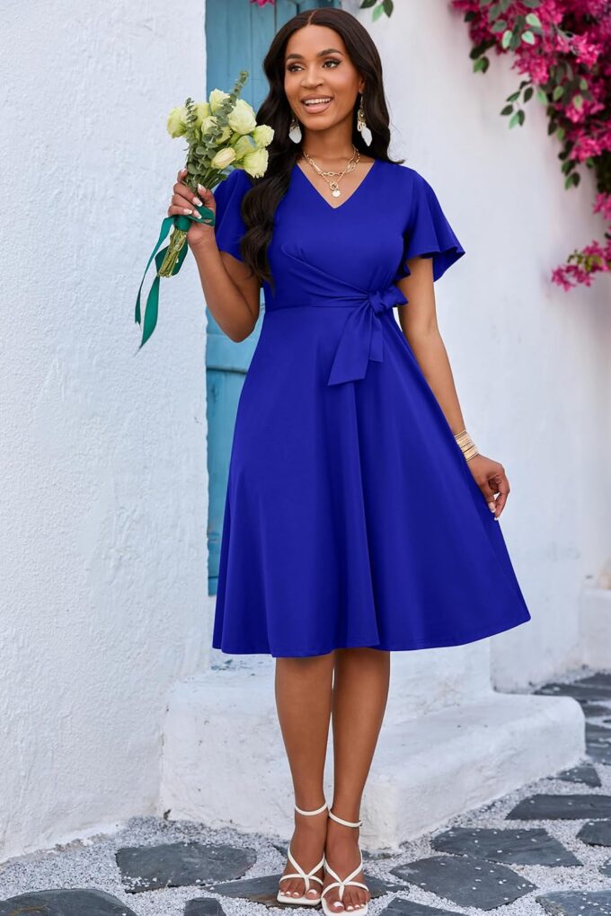 FANDEE Women Casual Midi Dress Wedding Guest Dresses for Chuch Cocktail Short Sleeve A-Line V Neck with Belt Blue – Bild 3