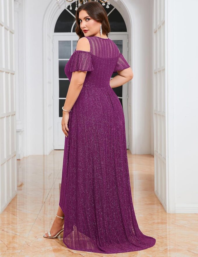 ZOMVA Plus Size Sparkly Mesh Maxi Dress Cold Shoulder Ruffle Sleeve High Low A Line Gown Wedding Guest Cocktail Party – Bild 3