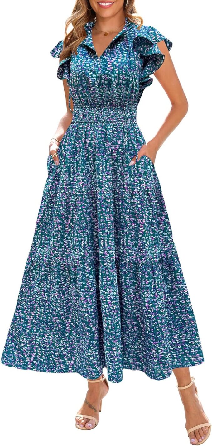 Kranda 2025 Women Summer Self-tie V Neck High Waist Ruffle Cap Sleeve Flowy Tiered Long Boho Floral Maxi Dress with Pockets