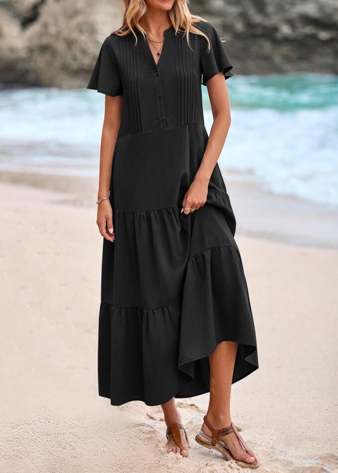 KIRUNDO Summer Maxi Dresses for Women 2025 Spring Fashion Short Sleeve Button V Neck Pleated Loose Tiered Swing Flowy Dress – Bild 3