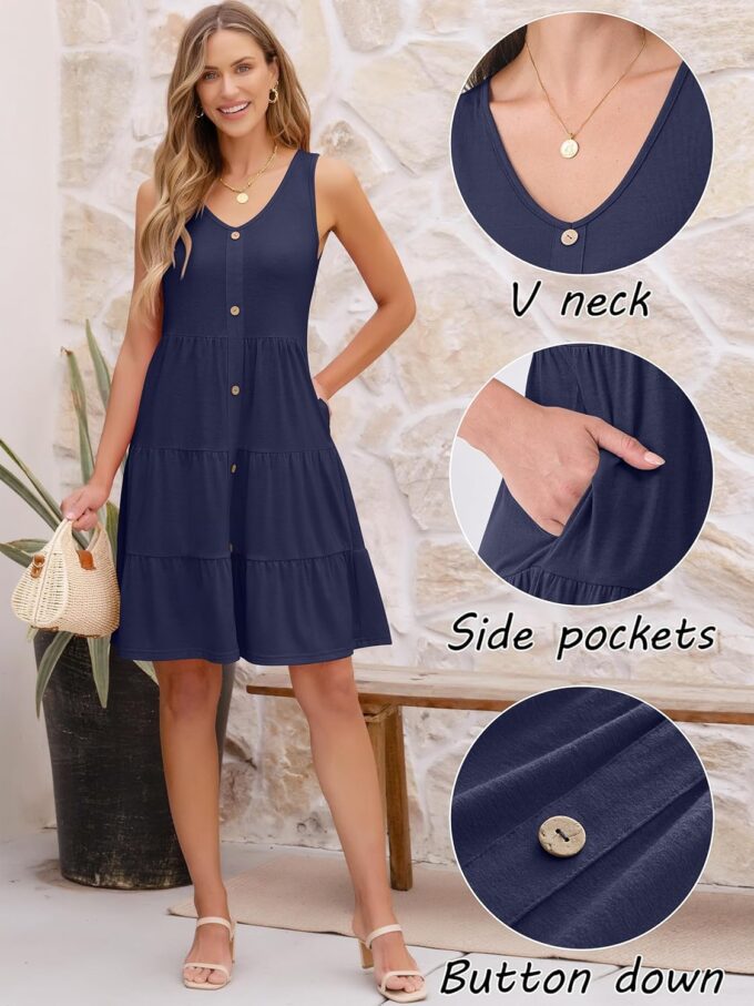 ANRABESS Womens Summer Beach Vacation Dresses V Neck Sleeveless Casual Button Down A Line Swing Mini Sundresses with Pockets – Bild 6